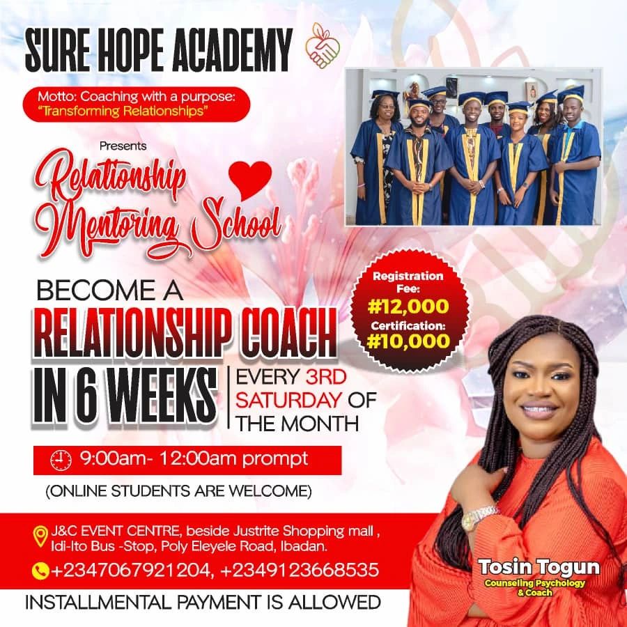 SURE HOPE ACADEMY- BECOME A CERTIFIED RELATIONSHIP COACH IN 6 WEEKS